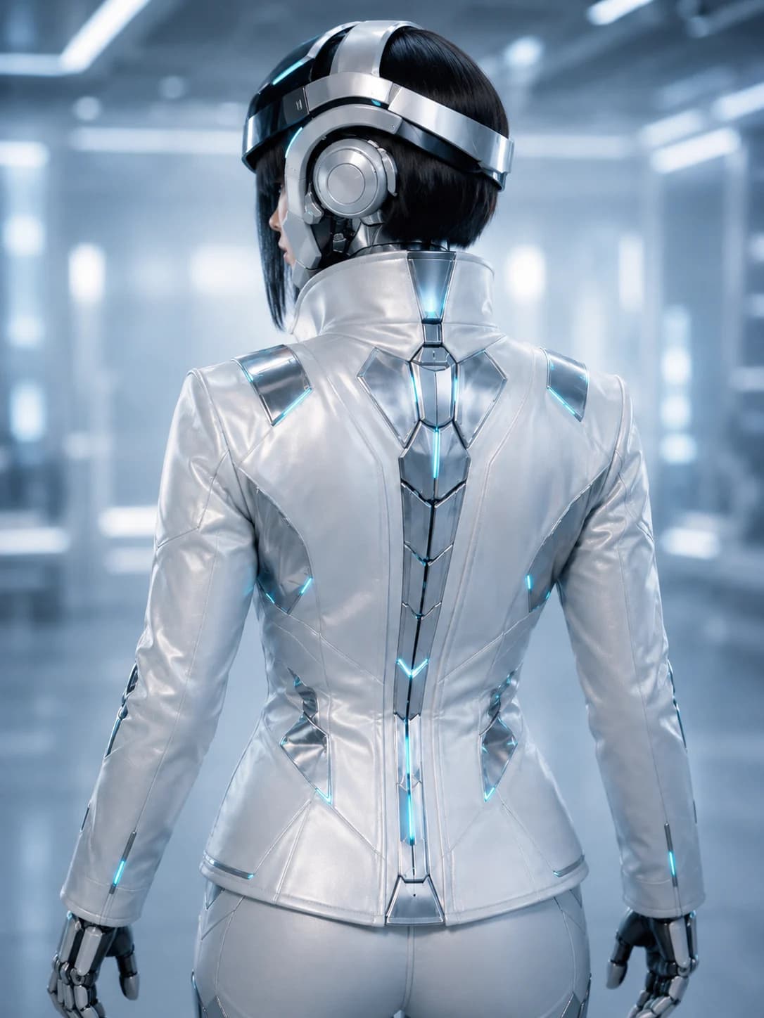Concept visualisation of the MENNIE assistive robot, seen from behind, looking out over a bright clinical interior.